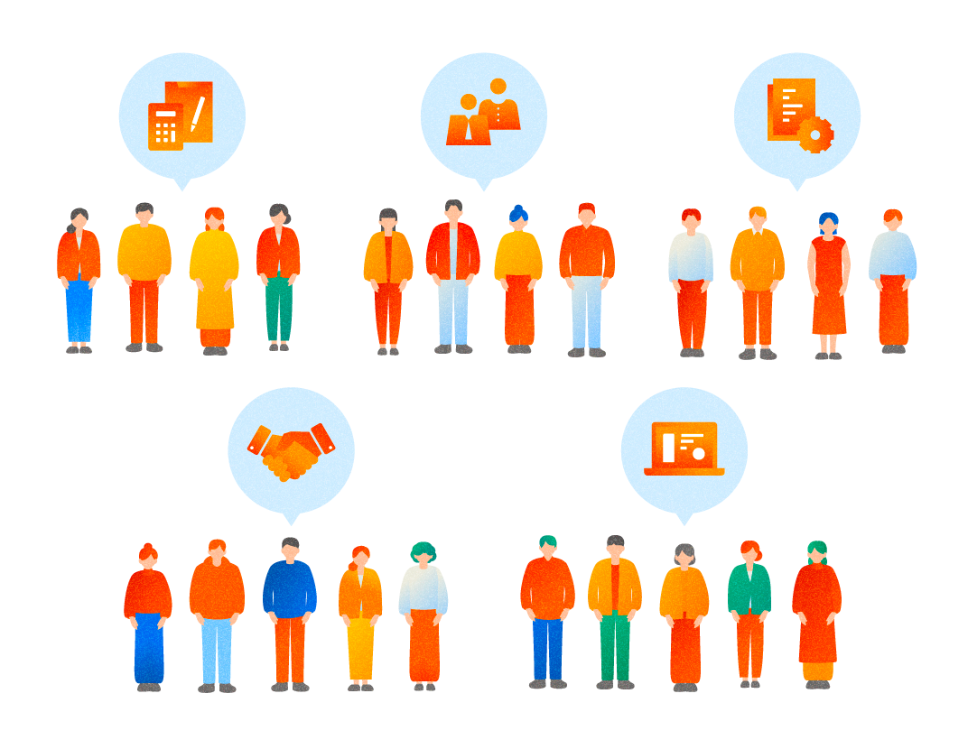 ビジネスプロセス、チームワーク、パートナーシップ、データ分析など、様々な業務活動を表す人々のイラスト。計算、書類、チームワーク、業務プロセス、提携、デジタル作業のアイコンが描かれている。